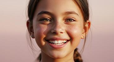 Smiling young girl with freckles radiates joy and positive energy outdoors photo