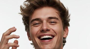 Smiling young man with brown hair expressing joy and positive emotion photo