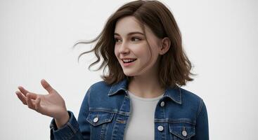Smiling young woman in denim jacket gesturing with hand wide open photo