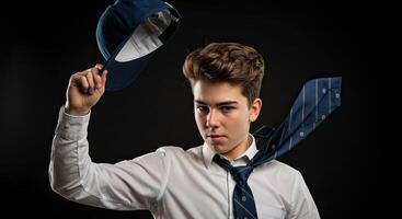 Stylish teenage boy tosses baseball cap with tie undone against black backdrop photo