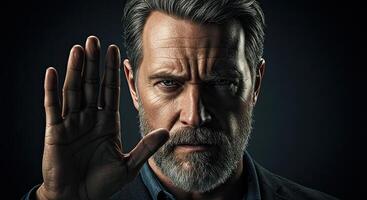 Stern mature man gesturing stop with his hand portrait dramatic lighting photo