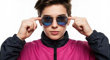 Stylish teenage boy with sunglasses in pink jacket looks at camera confidently photo