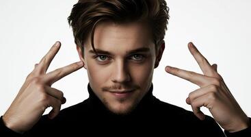 Stylish young man in black turtleneck making a gesture with his hands photo