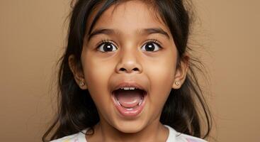 Surprised little girl with wide eyes and open mouth expresses excitement photo