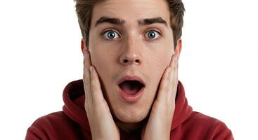 Surprised young man with hands on cheeks expressing shock and awe photo