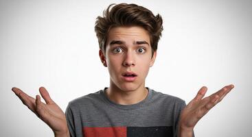 Teen boy expressing confusion with raised hands and surprised facial expression photo