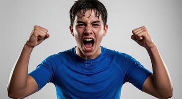 Sweaty young man celebrates success with fists raised and shouts loudly photo