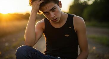 Teenage boy sitting pensively in golden hour light with hand in hair photo