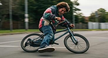Teenager enjoys BMX biking outdoors wearing colorful jacket and jeans photo