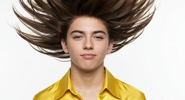 Teenager with dynamic hair style poses in studio against white backdrop photo