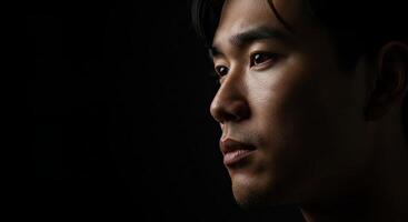 Thoughtful Asian man in profile against dark background gazing forward photo