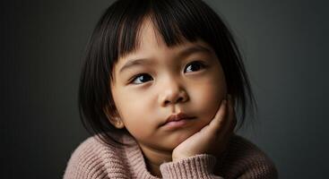Thoughtful Asian toddler girl with bangs rests chin on hand indoors photo