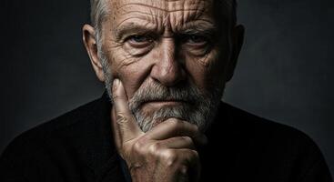 Thoughtful elderly man with beard in deep contemplation close-up portrait photo