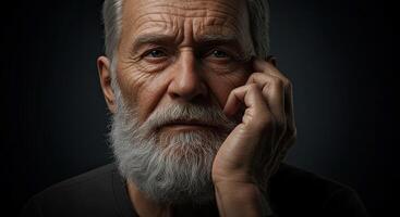 Thoughtful senior man with a gray beard and hand to his face pose photo