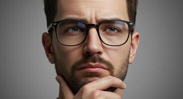 Thoughtful man with glasses ponders a decision with a serious expression photo