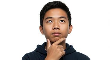 Thoughtful young Asian man contemplates with hand on chin looking up photo
