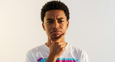 Thoughtful young African American man pondering a problem with hand on chin photo