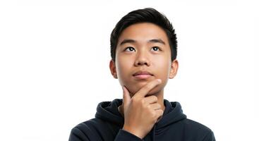 Thoughtful young Asian man ponders a decision with hand on chin photo