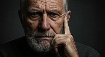 Thoughtful senior man with beard in deep contemplation portrait studio shot photo