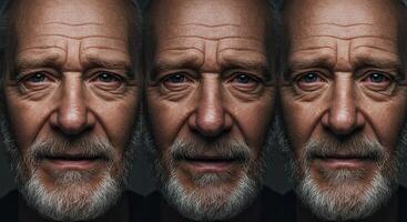 Triple portrait of an elderly man with a beard reflecting worry and age photo