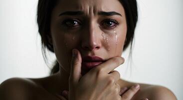 Upset young woman with tears streaming down face expressing sadness photo