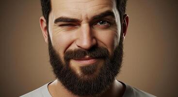 Winking bearded man with a playful expression against a neutral backdrop photo