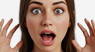 Woman with surprised expression and open mouth raises her hands up high photo