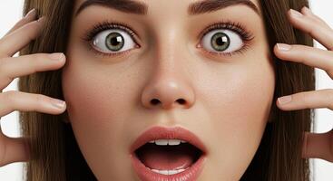 Woman with shocked expression clutching face in surprise and disbelief photo