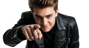 Young adult man in leather jacket pointing directly at the camera photo