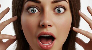 Woman with surprised expression showcasing wide eyes and open mouth photo