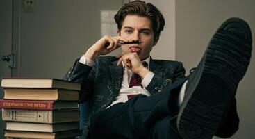 Young adult shows rebellious attitude with pen and books on desk photo