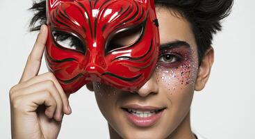 Young adult with vibrant makeup and a red mask for mysterious allure photo
