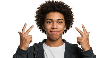 Young African American man showing hand gesture with curly hair smiling photo