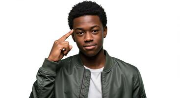 Young African American man thinking deeply isolated on white background photo