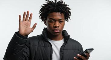 Young African American man with dreadlocks using phone and holding hand up photo