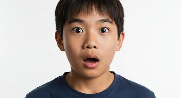 Young Asian boy with surprised expression on face against white background photo