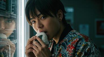 Young Asian man eating onigiri next to a vending machine at night time photo