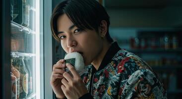 Young Asian man enjoys onigiri snack near convenience store refrigerator photo