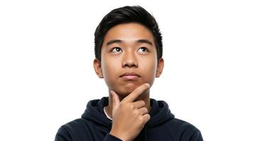Young Asian man in hoodie thoughtfully considers a problem looking up photo