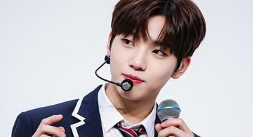 Young Asian man holding microphone in suit presenting on white backdrop photo