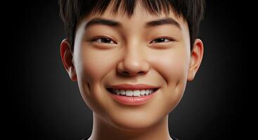 Young Asian man with dimples smiling joyfully in a close up shot photo