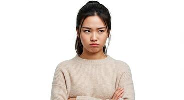 Young Asian woman in sweater with arms crossed looking displeased photo