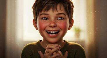 Young boy with freckles smiles with hopeful expression in a warm setting photo
