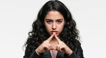 Young brunette woman with serious expression making pyramid with hands photo