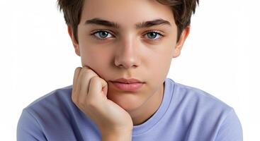 Young boy with thoughtful expression resting his chin on his hand photo