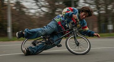 Young male performing stunt on BMX bike with motion blur for action shot photo