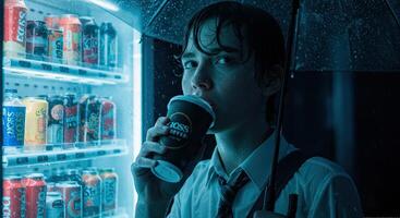 Young man drinking coffee in the rain near vending machine at night photo