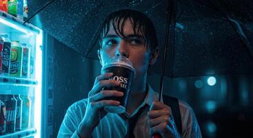Young man drinks coffee under umbrella during rain in city at night photo