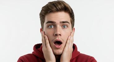 Young man expresses shock and surprise with hands on face portrait photo
