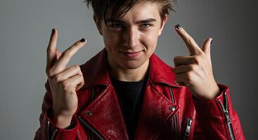 Young man in a red leather jacket strikes playful pose with painted nails photo